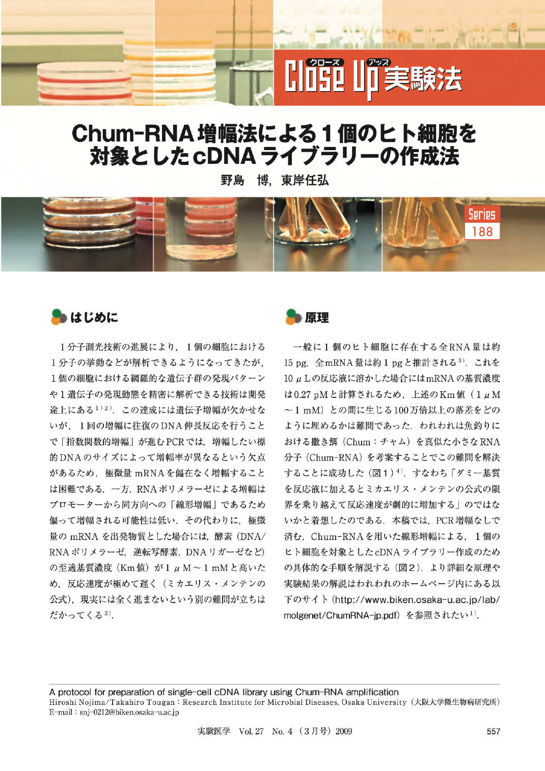 Chum-RNA増幅法による１個のヒト細胞を対象としたcDNAライブラリーの作成法
