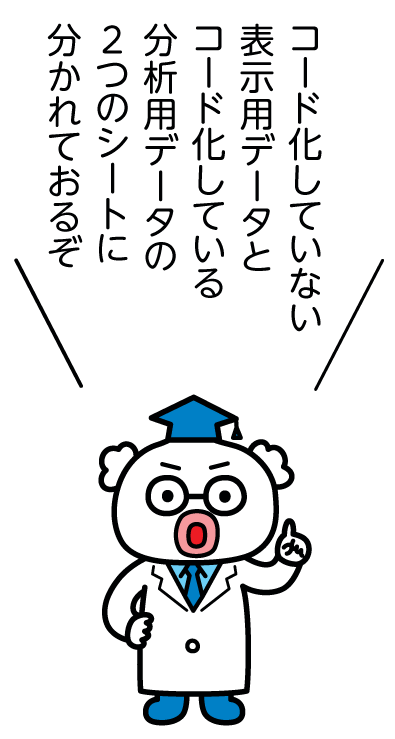 コード化していない表示用データとコード化している分析用データの2つのシートに分かれておるぞ
